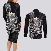 Black Hawaii Kanaloa God Couples Matching Long Sleeve Bodycon Dress and Long Sleeve Button Shirt Hawaiian Octopus