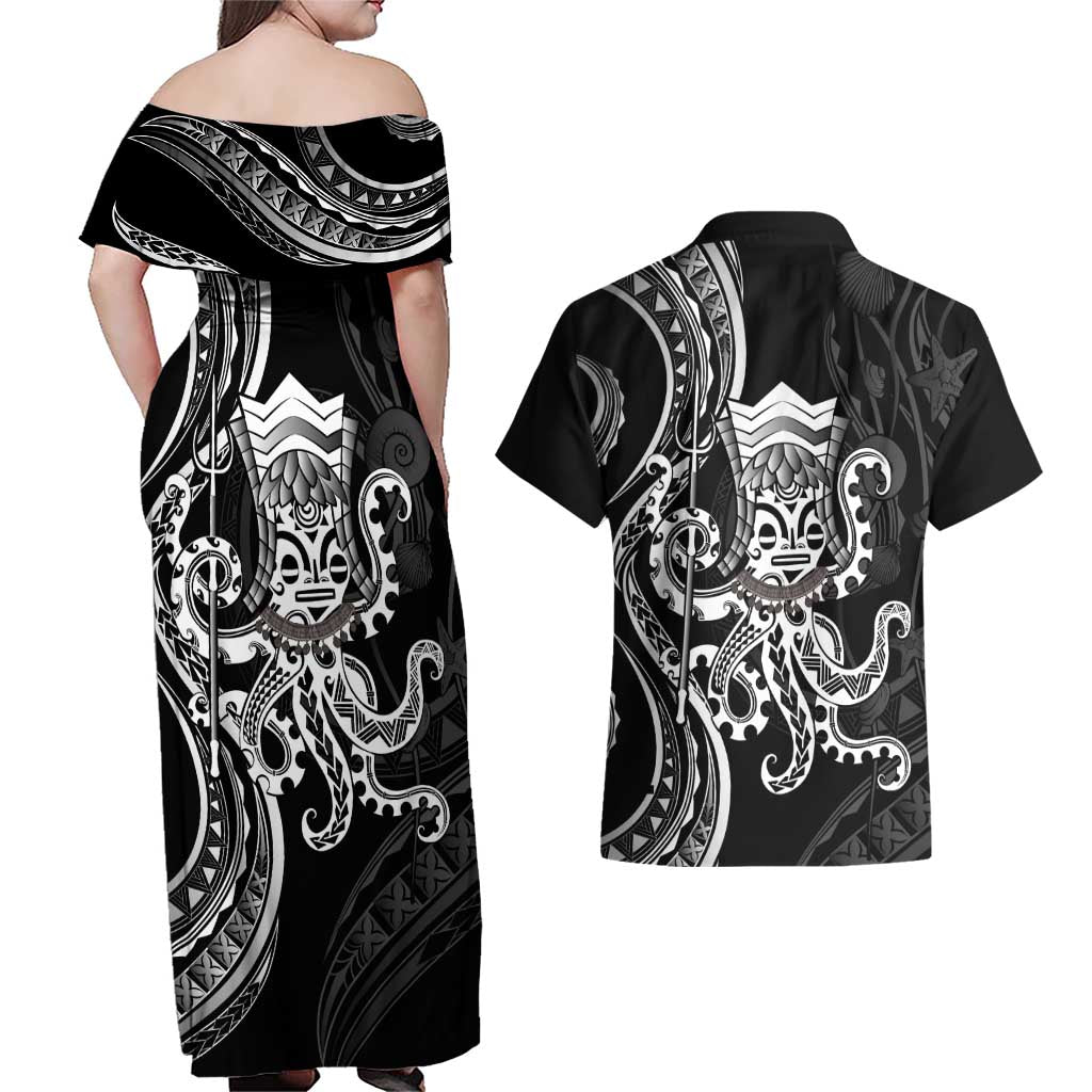 Black Hawaii Kanaloa God Couples Matching Off Shoulder Maxi Dress and Hawaiian Shirt Hawaiian Octopus
