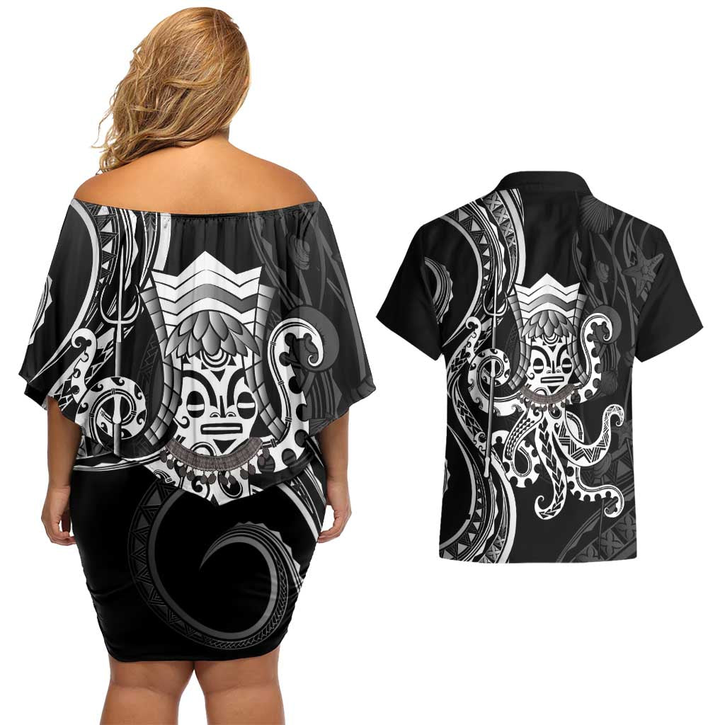 Black Hawaii Kanaloa God Couples Matching Off Shoulder Short Dress and Hawaiian Shirt Hawaiian Octopus