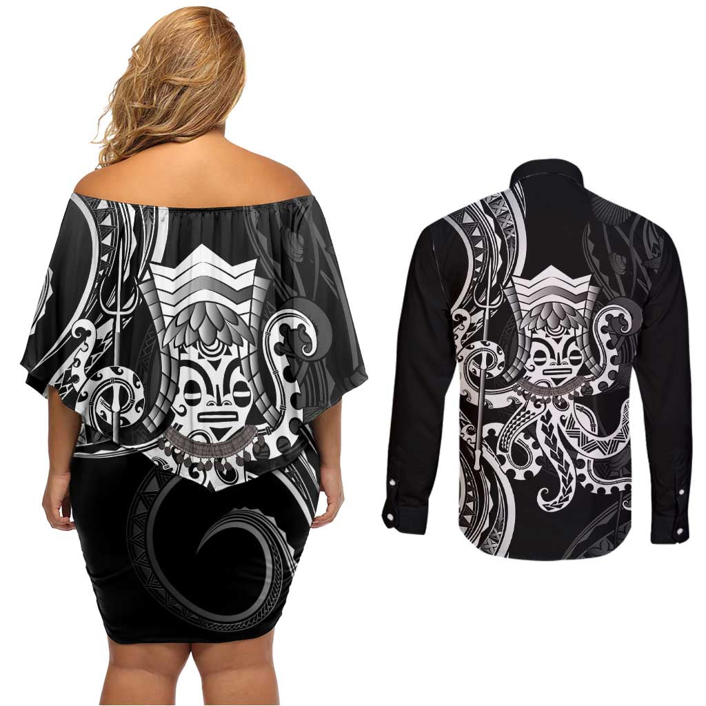 Black Hawaii Kanaloa God Couples Matching Off Shoulder Short Dress and Long Sleeve Button Shirt Hawaiian Octopus