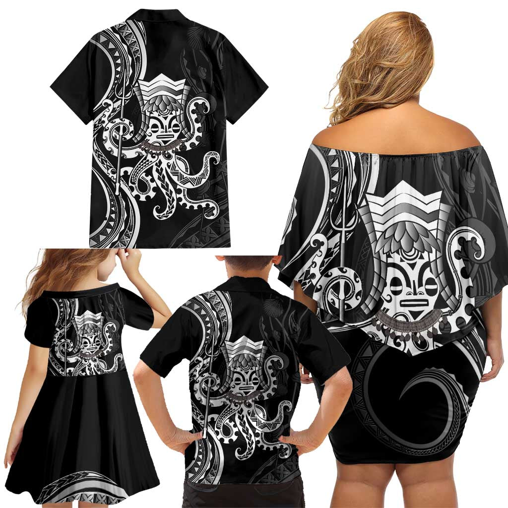 Black Hawaii Kanaloa God Family Matching Off Shoulder Short Dress and Hawaiian Shirt Hawaiian Octopus