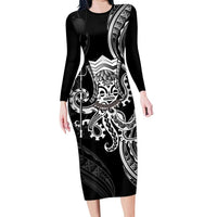 Black Hawaii Kanaloa God Long Sleeve Bodycon Dress Hawaiian Octopus