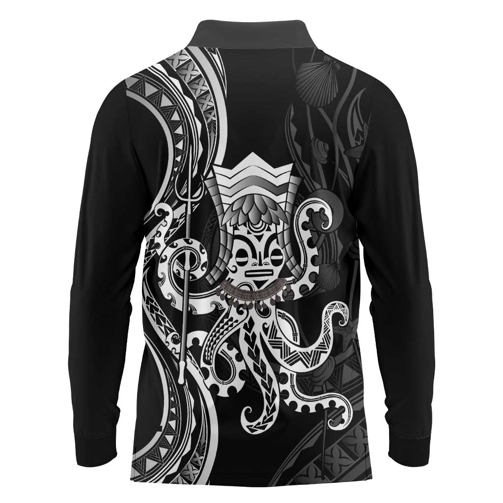 Black Hawaii Kanaloa God Long Sleeve Polo Shirt Hawaiian Octopus