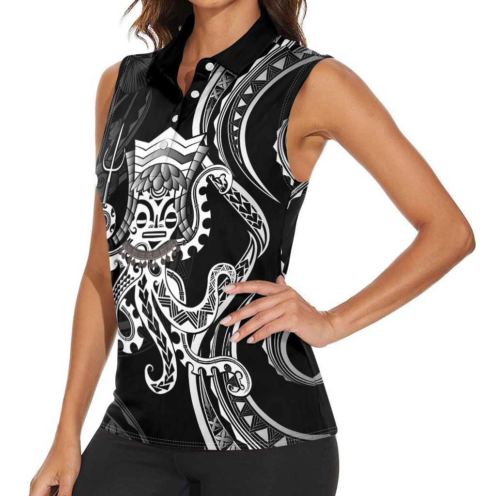 Black Hawaii Kanaloa God Women Sleeveless Polo Shirt Hawaiian Octopus