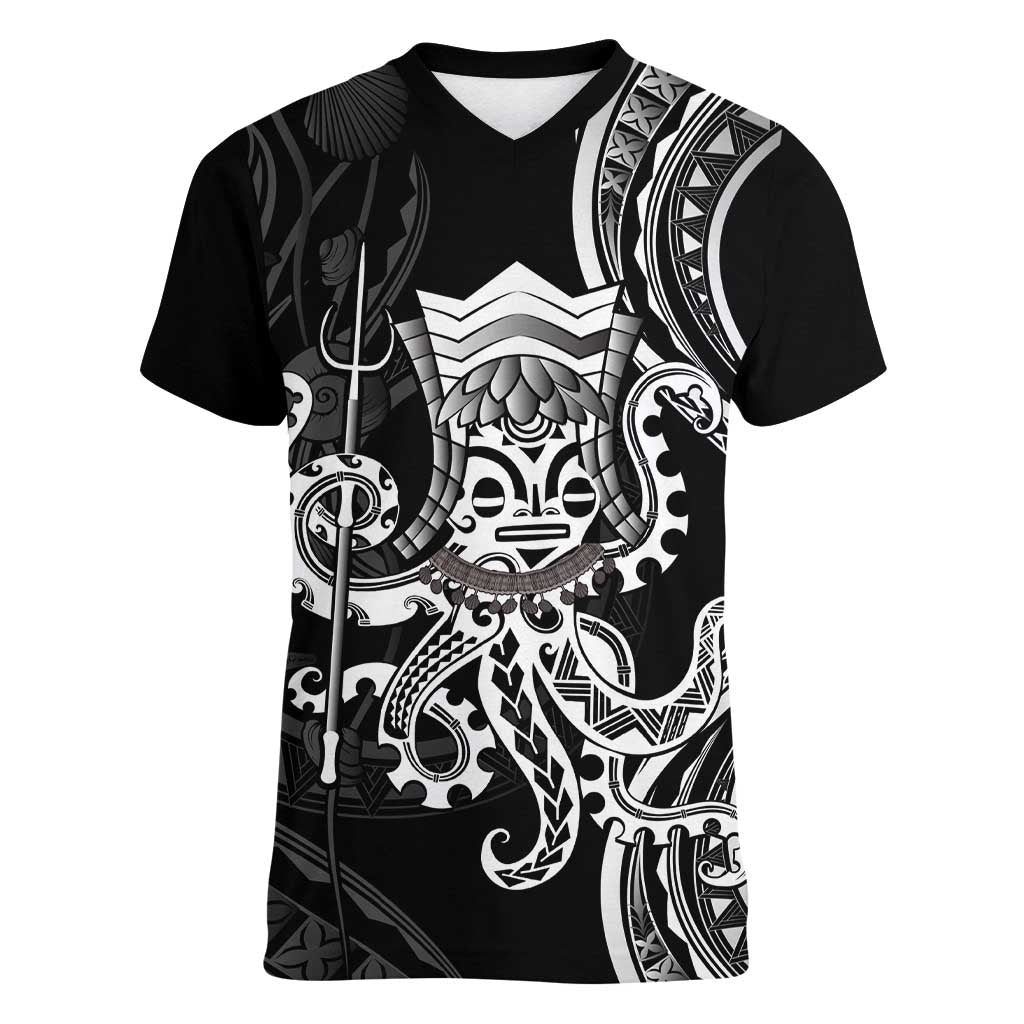 Black Hawaii Kanaloa God Women V-Neck T-Shirt Hawaiian Octopus LT14 Female Black - Polynesian Pride