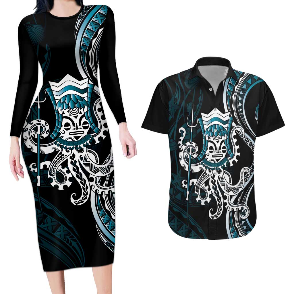 Turquoise Hawaii Kanaloa God Couples Matching Long Sleeve Bodycon Dress and Hawaiian Shirt Hawaiian Octopus