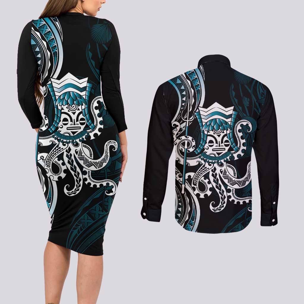 Turquoise Hawaii Kanaloa God Couples Matching Long Sleeve Bodycon Dress and Long Sleeve Button Shirt Hawaiian Octopus