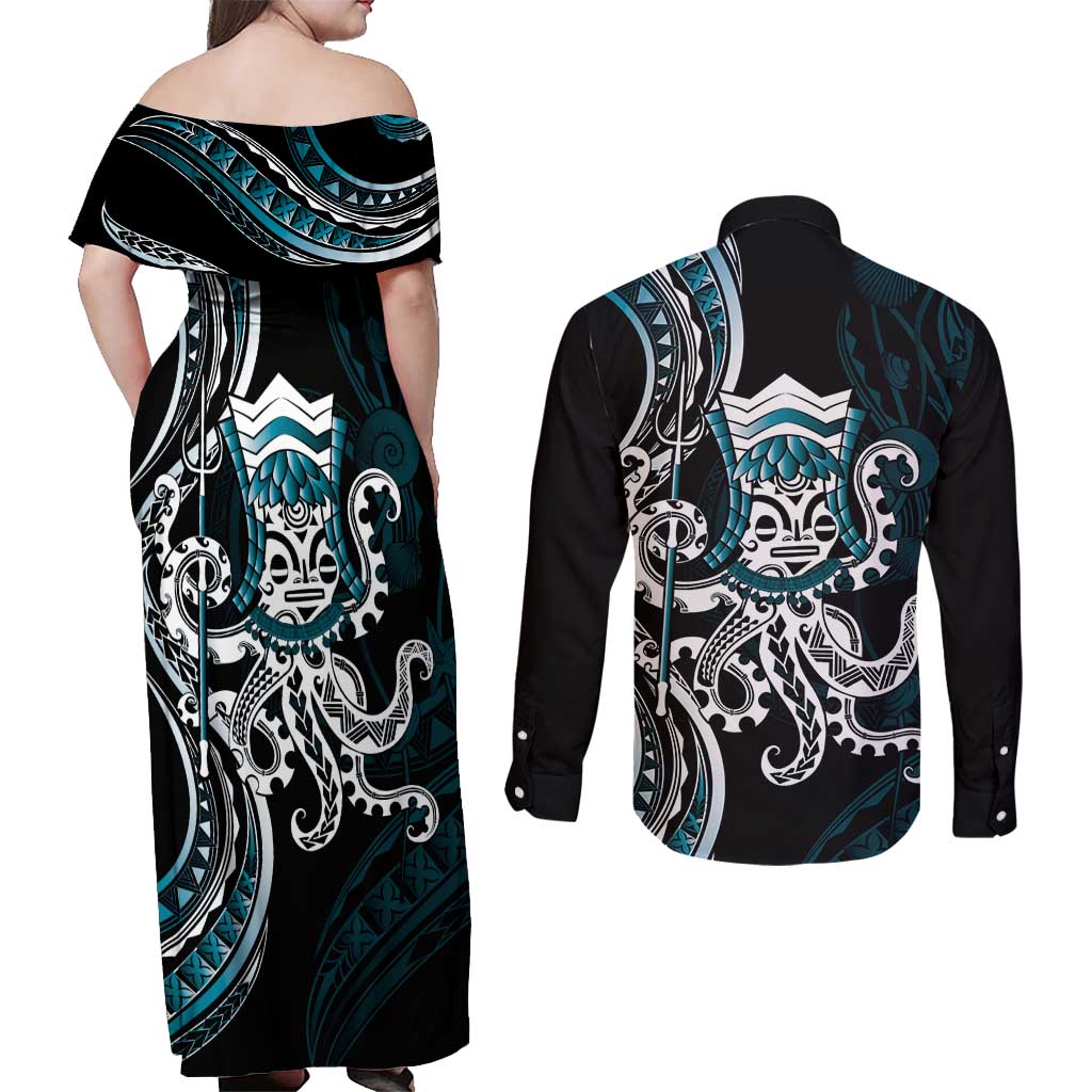 Turquoise Hawaii Kanaloa God Couples Matching Off Shoulder Maxi Dress and Long Sleeve Button Shirt Hawaiian Octopus