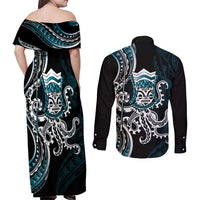 Turquoise Hawaii Kanaloa God Couples Matching Off Shoulder Maxi Dress and Long Sleeve Button Shirt Hawaiian Octopus
