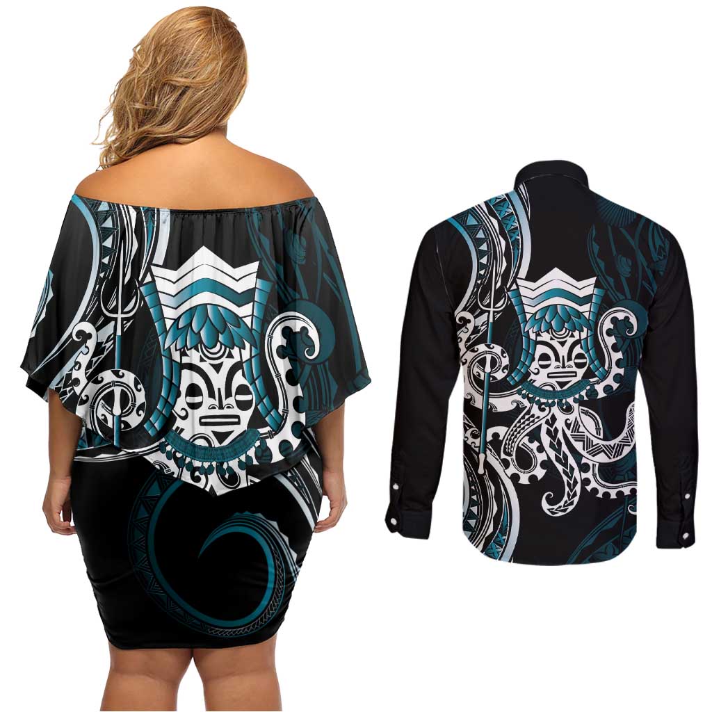 Turquoise Hawaii Kanaloa God Couples Matching Off Shoulder Short Dress and Long Sleeve Button Shirt Hawaiian Octopus