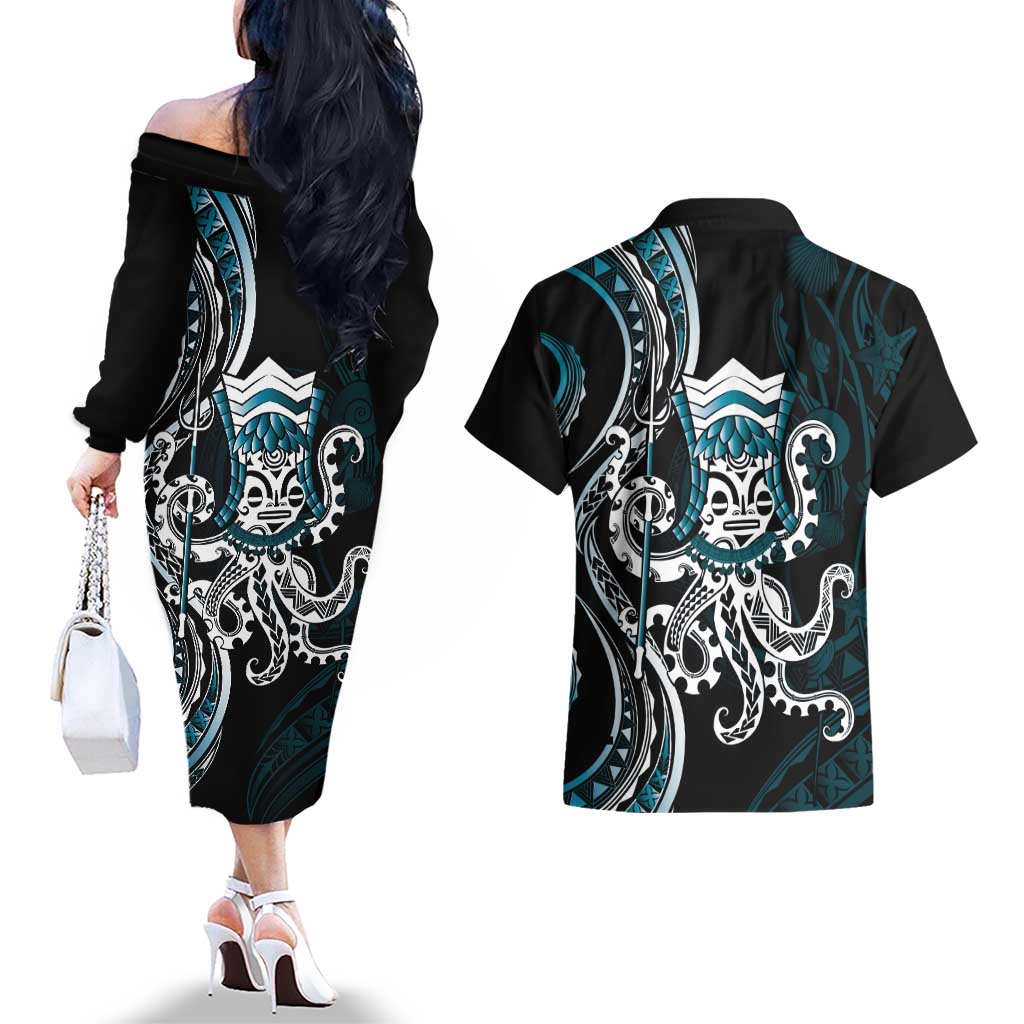 Turquoise Hawaii Kanaloa God Couples Matching Off The Shoulder Long Sleeve Dress and Hawaiian Shirt Hawaiian Octopus
