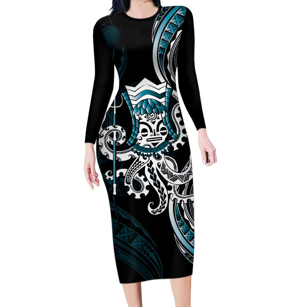 Turquoise Hawaii Kanaloa God Family Matching Long Sleeve Bodycon Dress and Hawaiian Shirt Hawaiian Octopus