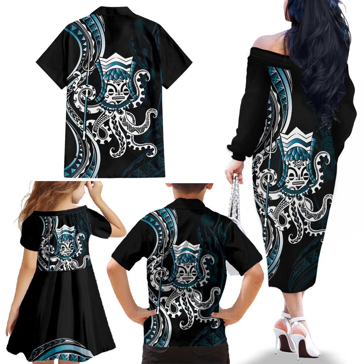 Turquoise Hawaii Kanaloa God Family Matching Off The Shoulder Long Sleeve Dress and Hawaiian Shirt Hawaiian Octopus