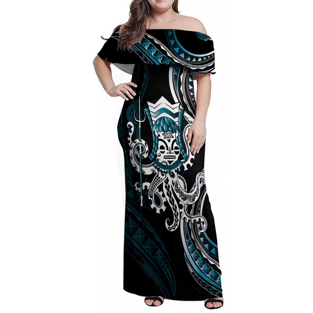 Turquoise Hawaii Kanaloa God Family Matching Off Shoulder Maxi Dress and Hawaiian Shirt Hawaiian Octopus