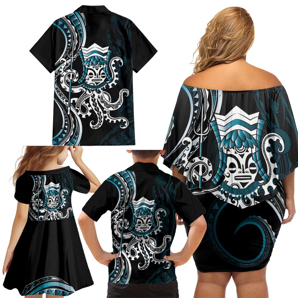 Turquoise Hawaii Kanaloa God Family Matching Off Shoulder Short Dress and Hawaiian Shirt Hawaiian Octopus