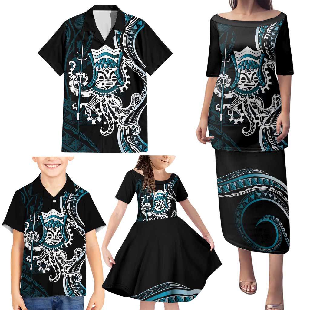 Turquoise Hawaii Kanaloa God Family Matching Puletasi and Hawaiian Shirt Hawaiian Octopus
