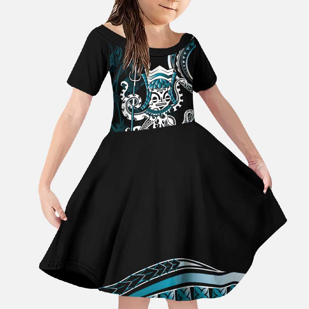 Turquoise Hawaii Kanaloa God Family Matching Tank Maxi Dress and Hawaiian Shirt Hawaiian Octopus LT14 Daughter's Dress Turquoise - Polynesian Pride