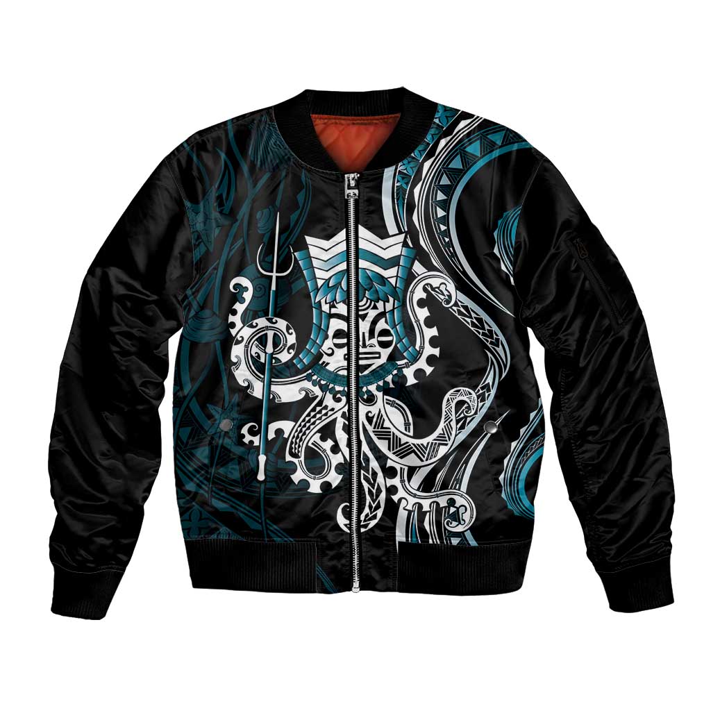Turquoise Hawaii Kanaloa God Sleeve Zip Bomber Jacket Hawaiian Octopus LT14 Unisex Turquoise - Polynesian Pride