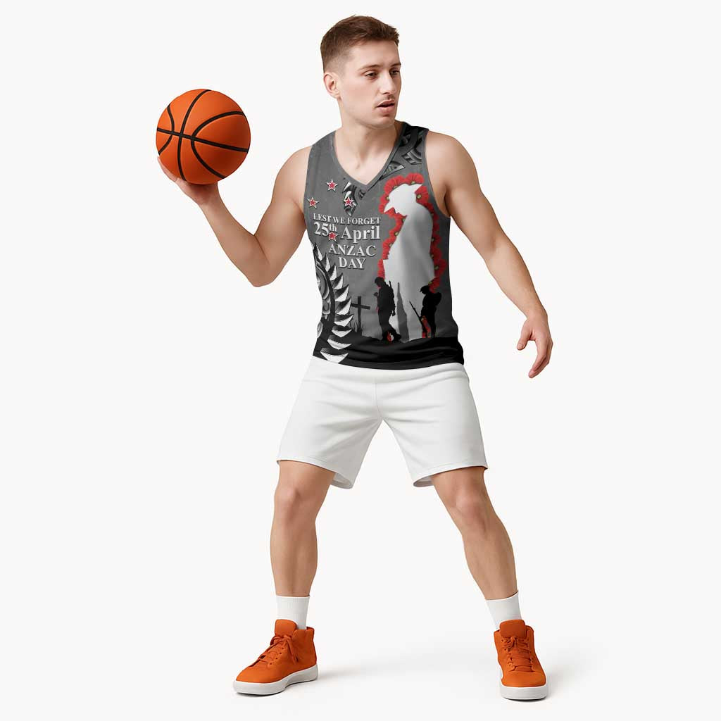New Zealand ANZAC Day Basketball Jersey 25th April Silver Fern With Poppy - Polynesian Pride
