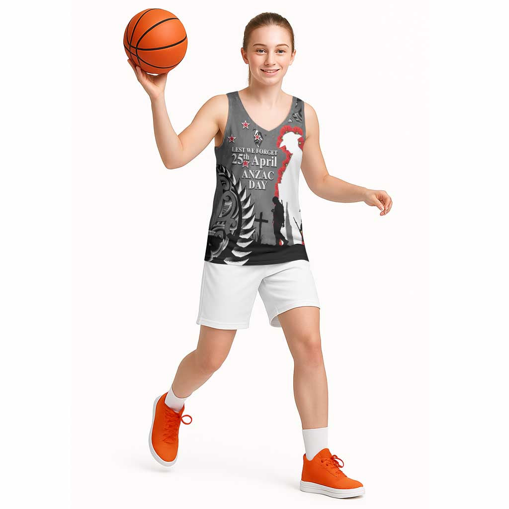 New Zealand ANZAC Day Basketball Jersey 25th April Silver Fern With Poppy - Polynesian Pride