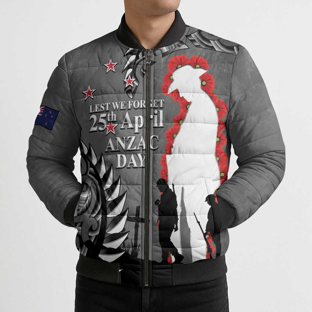 New Zealand ANZAC Day Bomber Puffer Jacket 25th April Silver Fern With Poppy - Polynesian Pride