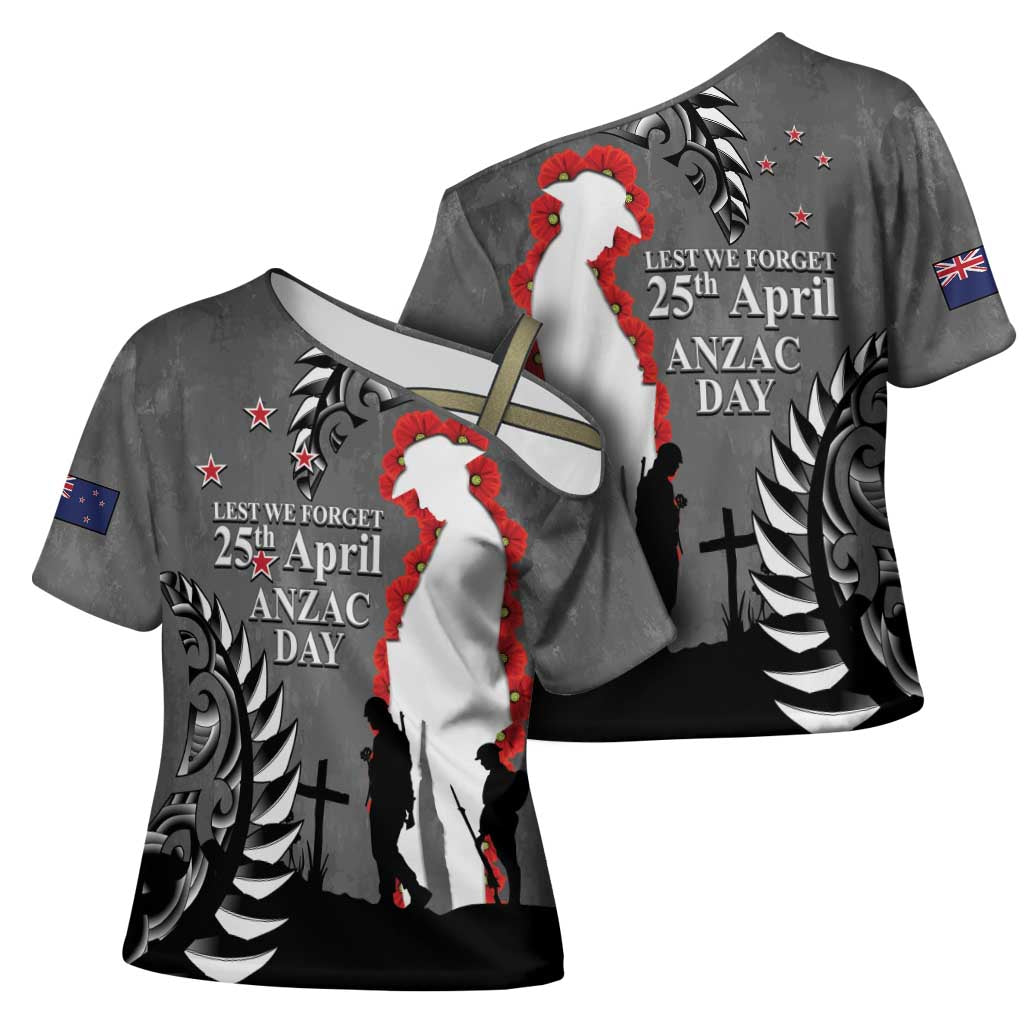 New Zealand ANZAC Day Cross Shoulder Shirt 25th April Silver Fern With Poppy - Polynesian Pride