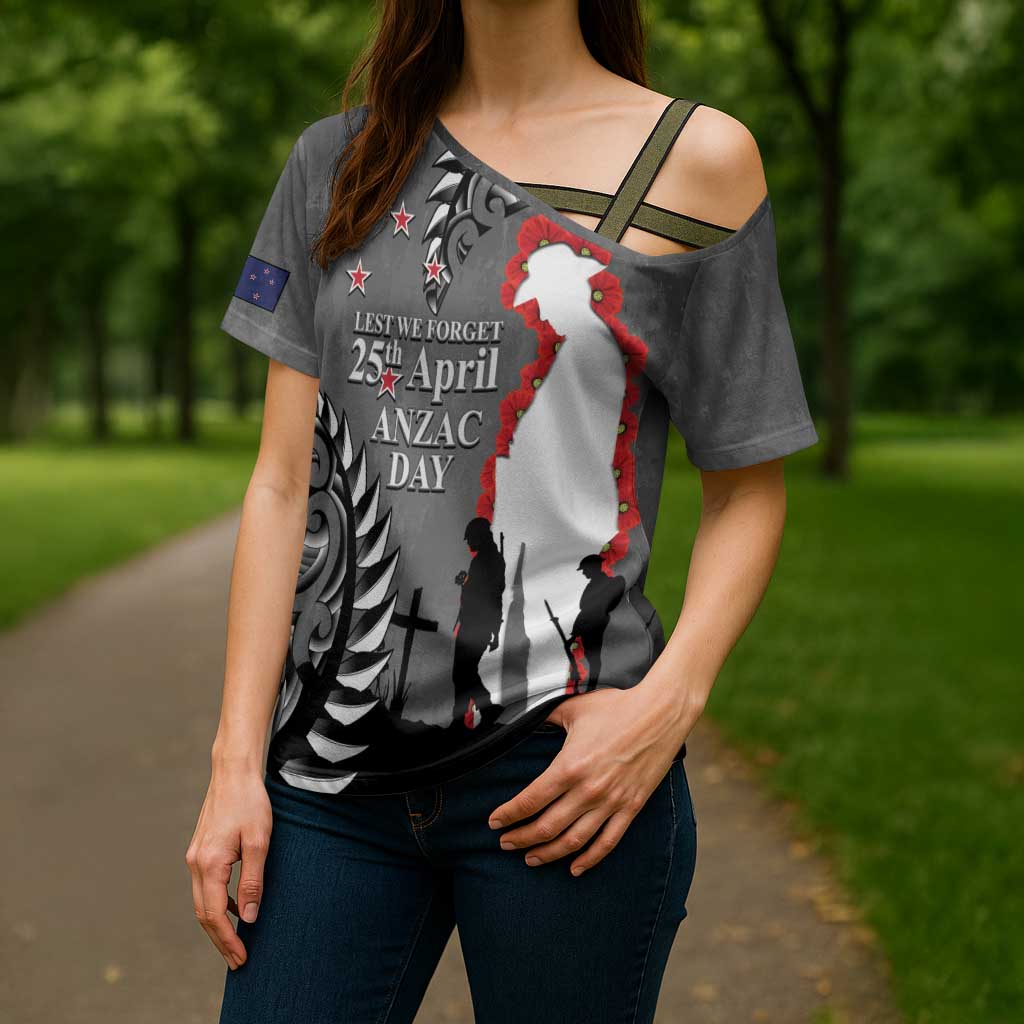 New Zealand ANZAC Day Cross Shoulder Shirt 25th April Silver Fern With Poppy - Polynesian Pride