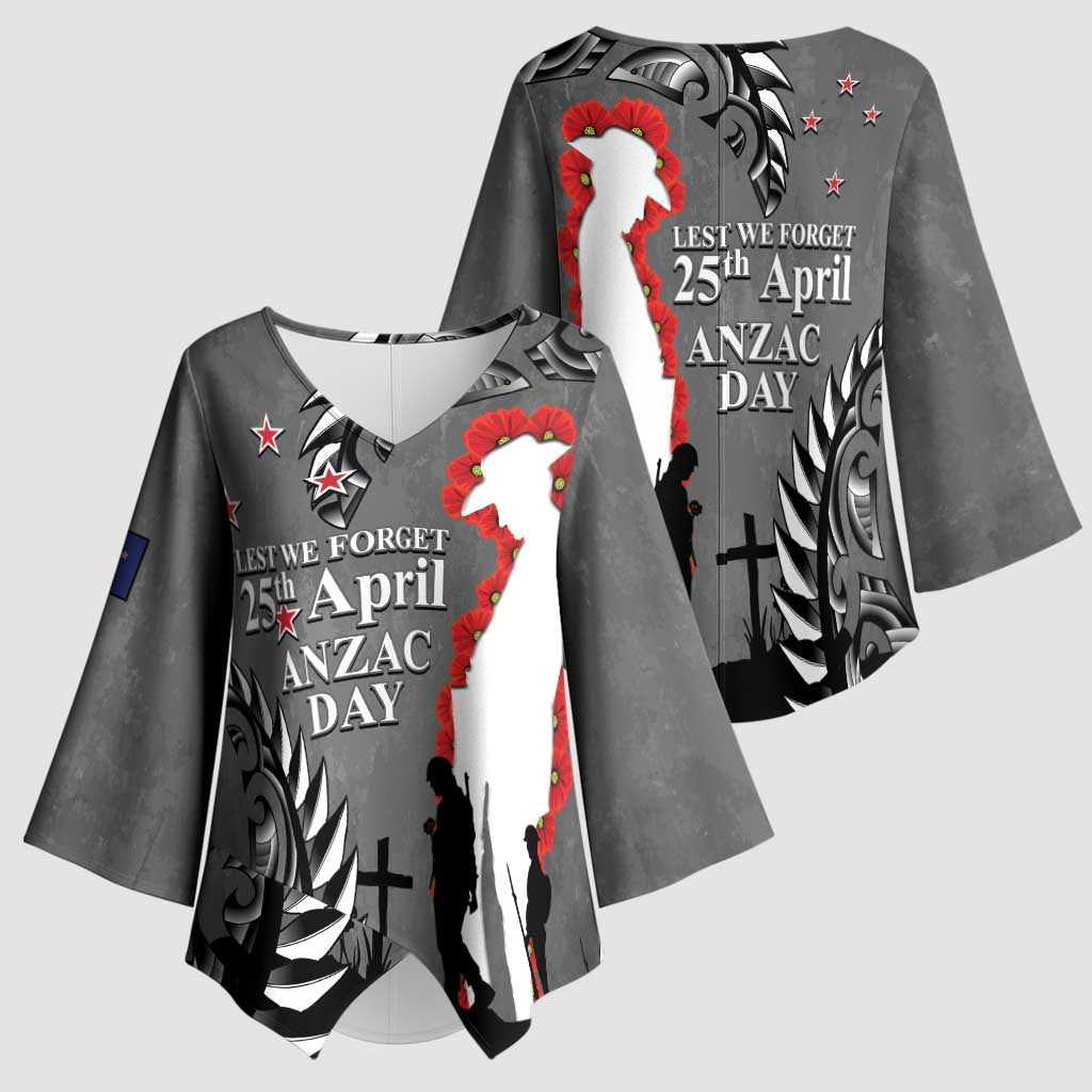 New Zealand ANZAC Day Kimono Sleeve Blouse 25th April Silver Fern With Poppy - Polynesian Pride