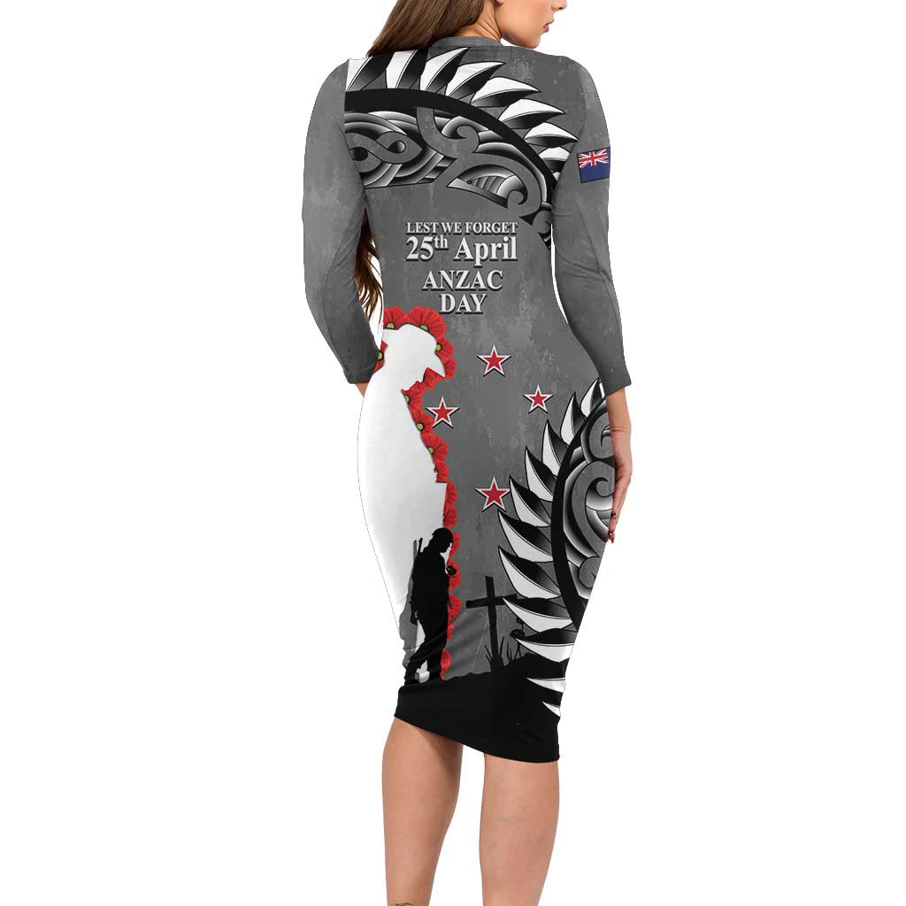 New Zealand ANZAC Day Long Sleeve Bodycon Dress 25th April Silver Fern With Poppy