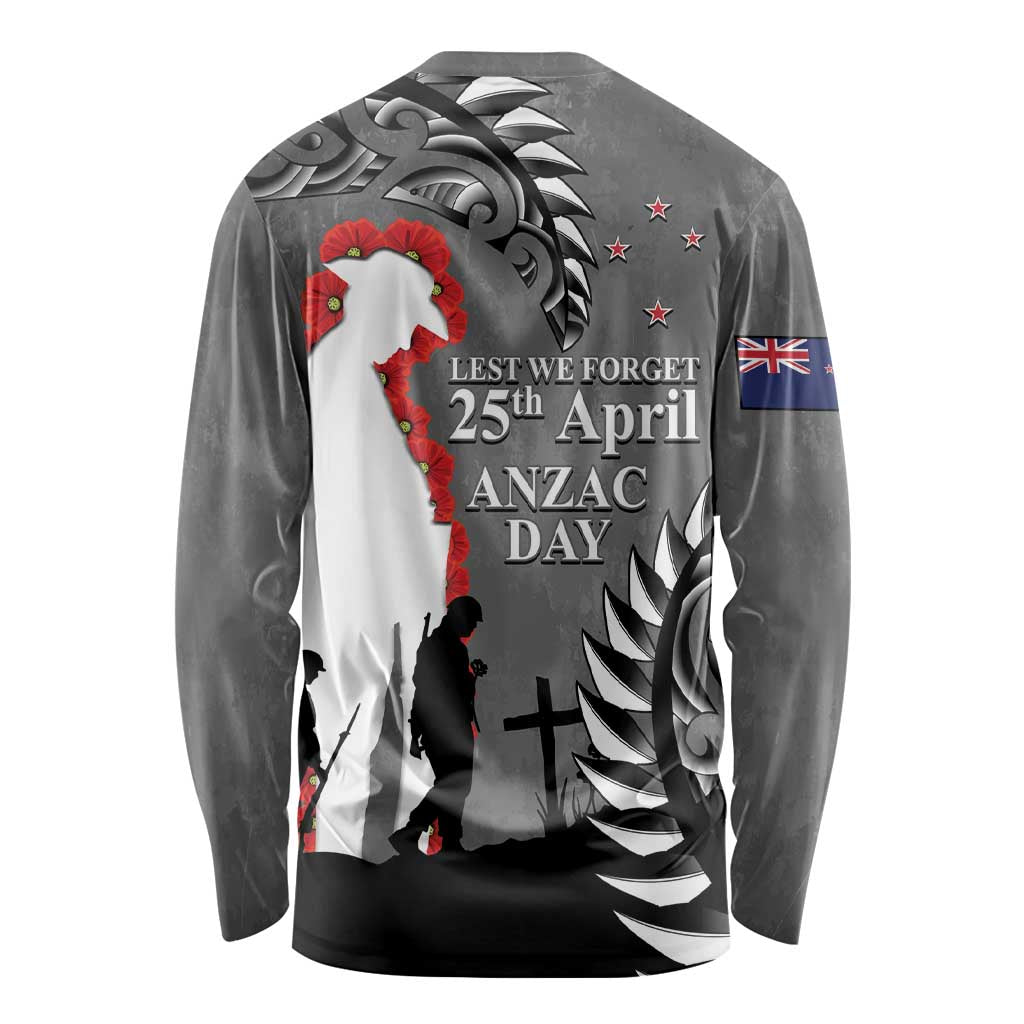 New Zealand ANZAC Day Long Sleeve Shirt 25th April Silver Fern With Poppy