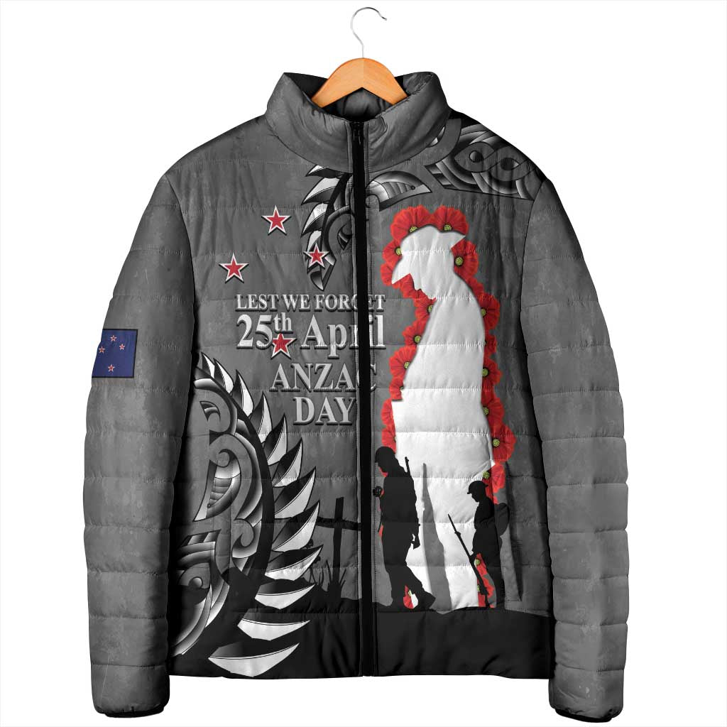 New Zealand ANZAC Day Padded Jacket 25th April Silver Fern With Poppy - Polynesian Pride