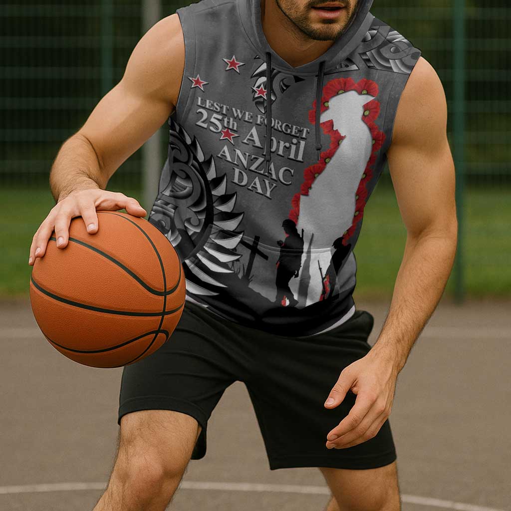 New Zealand ANZAC Day Sleeveless Hoodie 25th April Silver Fern With Poppy - Polynesian Pride