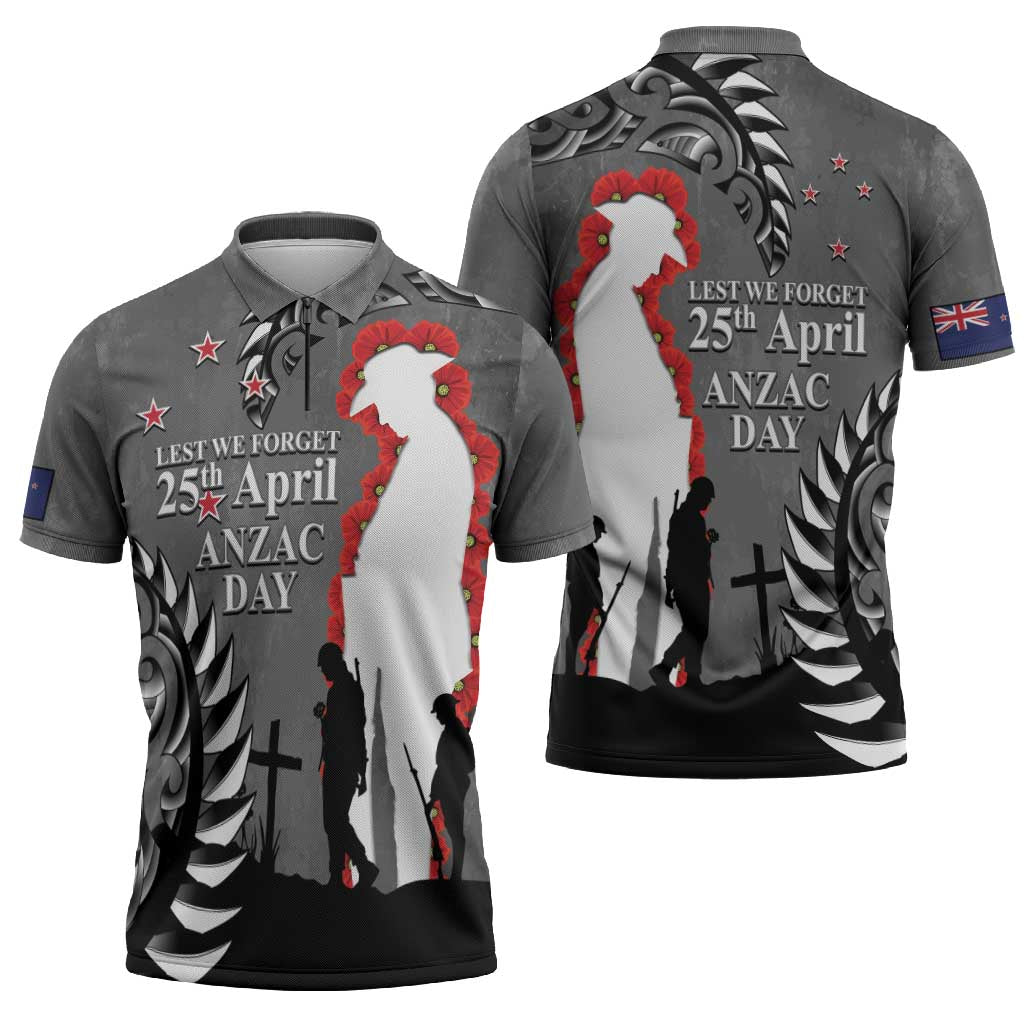 New Zealand ANZAC Day Zipper Polo Shirt 25th April Silver Fern With Poppy - Polynesian Pride