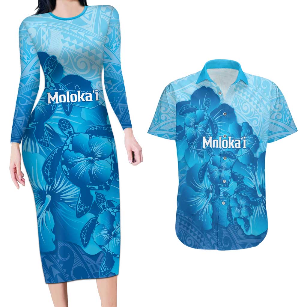 Aloha Hawaii Molokai Island Couples Matching Long Sleeve Bodycon Dress and Hawaiian Shirt Hibiscus Tribal Honu Hawaiian Tattoo