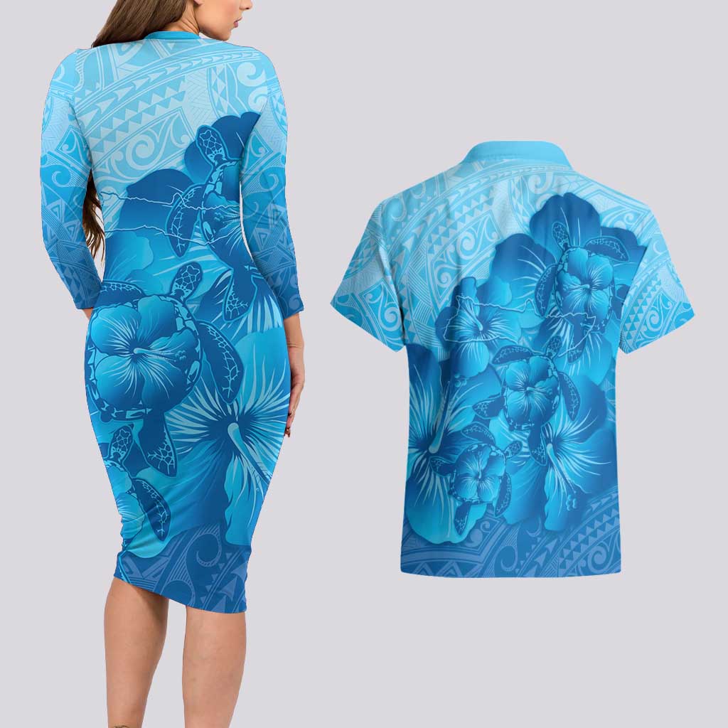 Aloha Hawaii Molokai Island Couples Matching Long Sleeve Bodycon Dress and Hawaiian Shirt Hibiscus Tribal Honu Hawaiian Tattoo