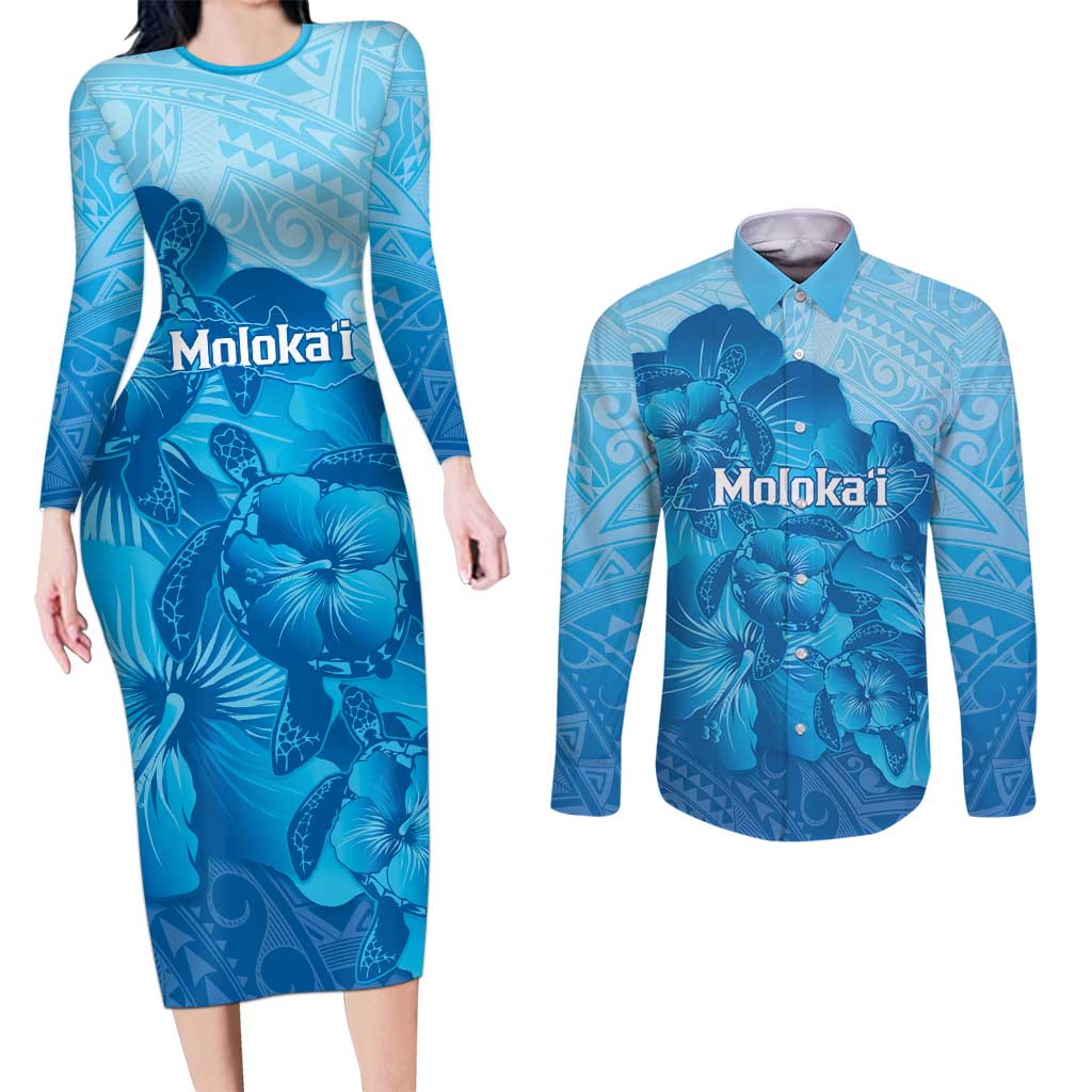 Aloha Hawaii Molokai Island Couples Matching Long Sleeve Bodycon Dress and Long Sleeve Button Shirt Hibiscus Tribal Honu Hawaiian Tattoo