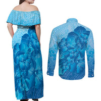 Aloha Hawaii Molokai Island Couples Matching Off Shoulder Maxi Dress and Long Sleeve Button Shirt Hibiscus Tribal Honu Hawaiian Tattoo