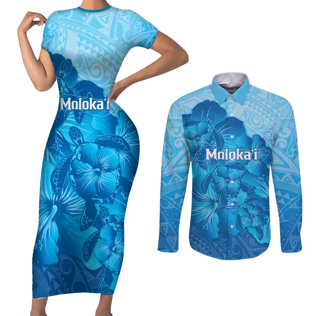 Aloha Hawaii Molokai Island Couples Matching Short Sleeve Bodycon Dress and Long Sleeve Button Shirt Hibiscus Tribal Honu Hawaiian Tattoo