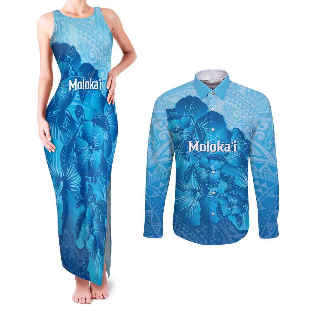 Aloha Hawaii Molokai Island Couples Matching Tank Maxi Dress and Long Sleeve Button Shirt Hibiscus Tribal Honu Hawaiian Tattoo