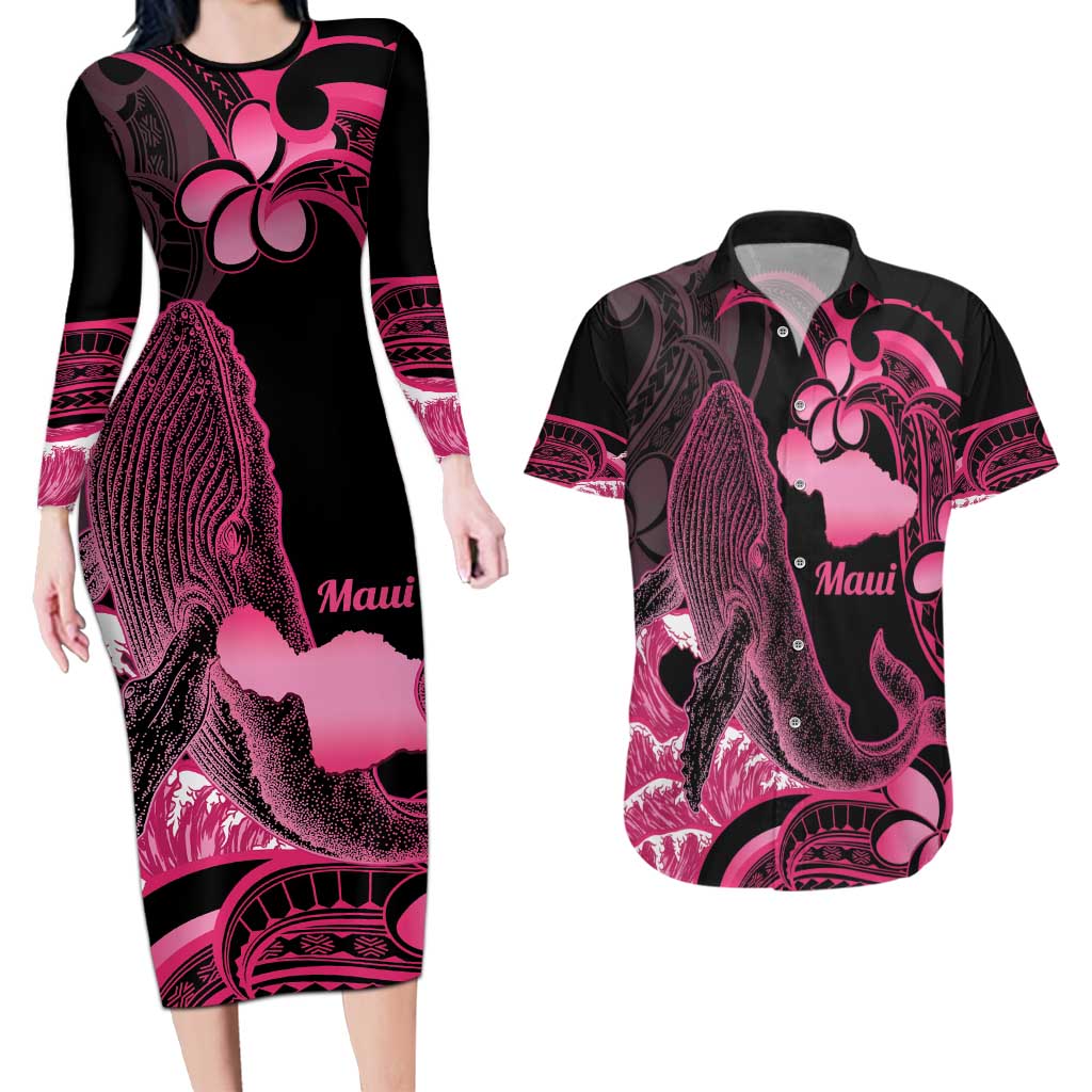Aloha Hawaii Maui Couples Matching Long Sleeve Bodycon Dress and Hawaiian Shirt Valley Isle Humpback Whale Black