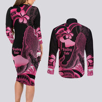 Aloha Hawaii Maui Couples Matching Long Sleeve Bodycon Dress and Long Sleeve Button Shirt Valley Isle Humpback Whale Black