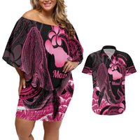Aloha Hawaii Maui Couples Matching Off Shoulder Short Dress and Hawaiian Shirt Valley Isle Humpback Whale Black
