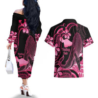 Aloha Hawaii Maui Couples Matching Off The Shoulder Long Sleeve Dress and Hawaiian Shirt Valley Isle Humpback Whale Black LT14 - Polynesian Pride