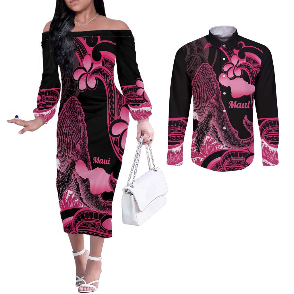 Aloha Hawaii Maui Couples Matching Off The Shoulder Long Sleeve Dress and Long Sleeve Button Shirt Valley Isle Humpback Whale Black