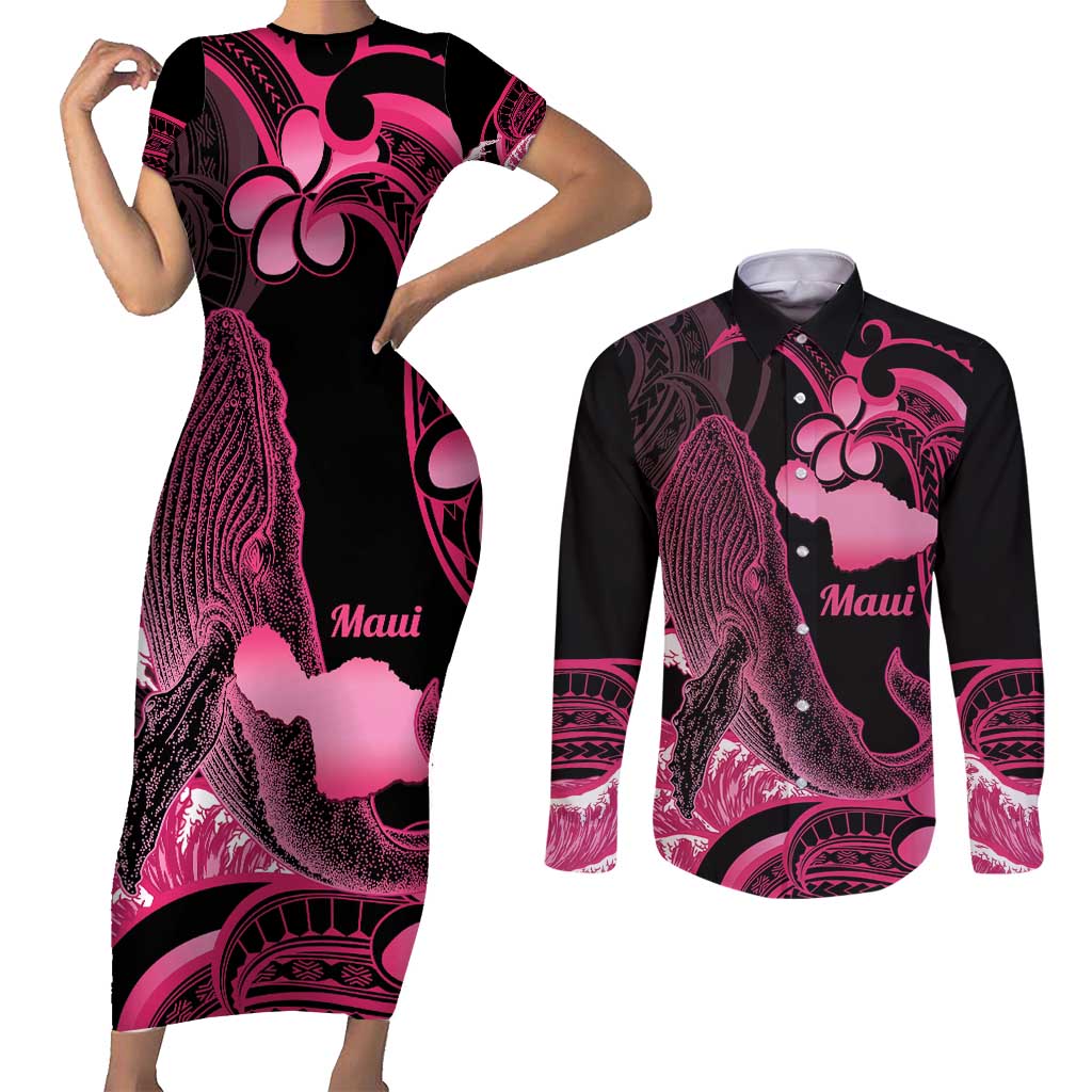 Aloha Hawaii Maui Couples Matching Short Sleeve Bodycon Dress and Long Sleeve Button Shirt Valley Isle Humpback Whale Black