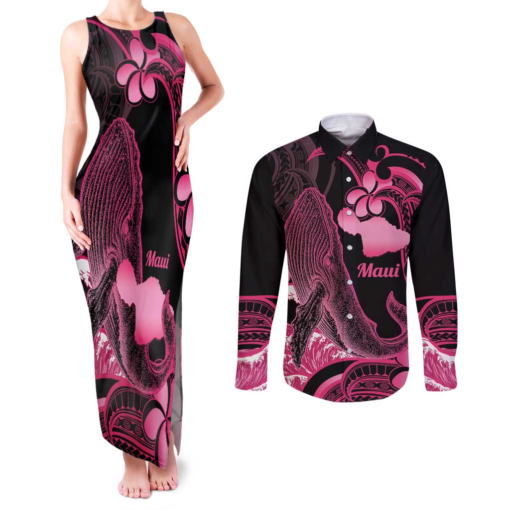 Aloha Hawaii Maui Couples Matching Tank Maxi Dress and Long Sleeve Button Shirt Valley Isle Humpback Whale Black