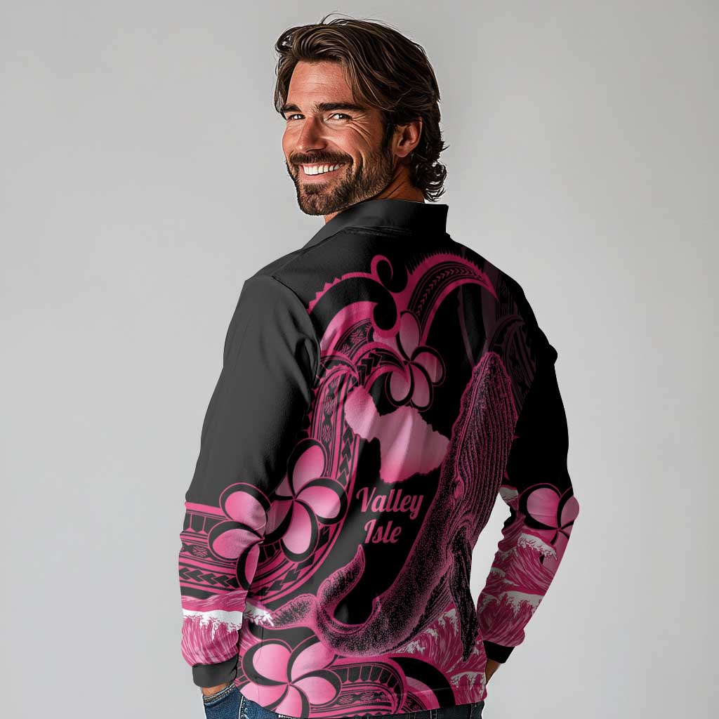 Aloha Hawaii Maui Long Sleeve Polo Shirt Valley Isle Humpback Whale Black