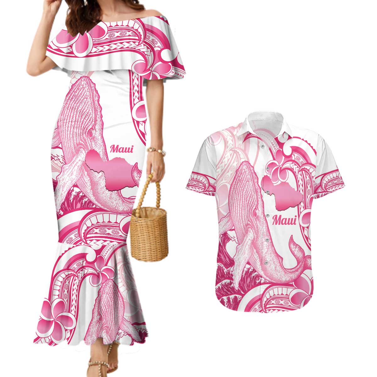Aloha Hawaii Maui Couples Matching Mermaid Dress and Hawaiian Shirt Valley Isle Humpback Whale White LT14 White - Polynesian Pride