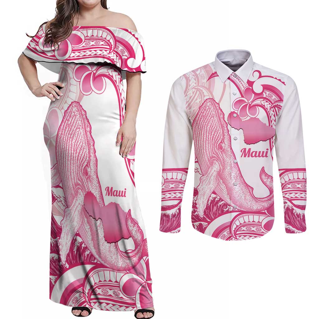 Aloha Hawaii Maui Couples Matching Off Shoulder Maxi Dress and Long Sleeve Button Shirt Valley Isle Humpback Whale White