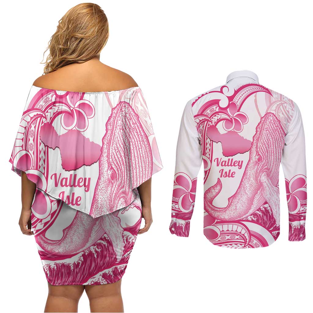 Aloha Hawaii Maui Couples Matching Off Shoulder Short Dress and Long Sleeve Button Shirt Valley Isle Humpback Whale White